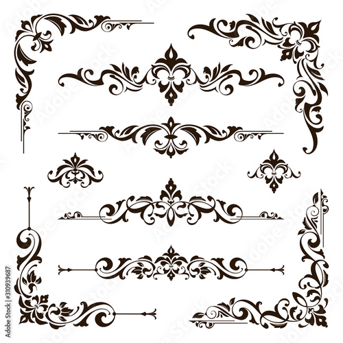 Ornamental design lace borders and corners Vector set art deco floral ornaments elements