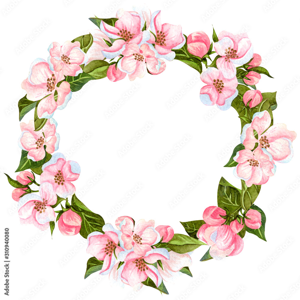 Watercolor apple blossoming tree wreath isolated on white. Hand drawn