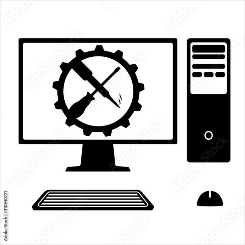 Computer icon with soldering iron and screwdriver on screen. Computer repair services, settings, technical support concepts.