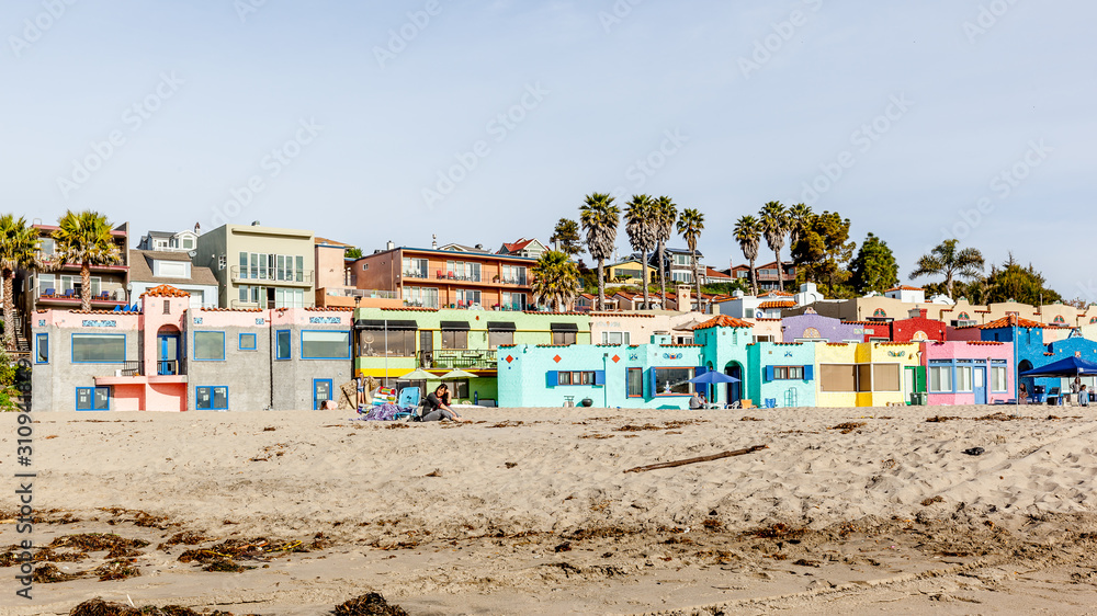 Santa Cruz, California, USA - March 31, 2018: Colorful houses at Capitola Village by the Sea, one of the oldest vacation retreats on the Pacific Coast.