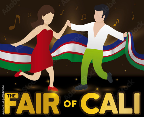 Couple Dancing Salsa with Flag in the Cali Fair Event, Vector Illustration photo