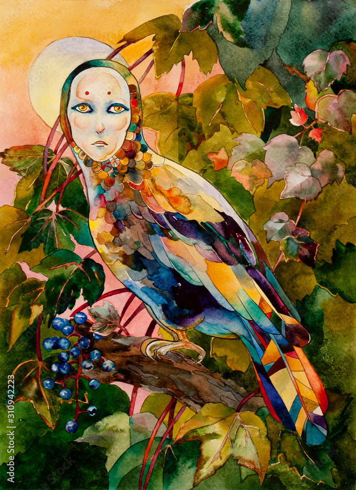 Fototapeta premium Mythical bird with female face on sunset forest watercolor illustration