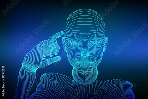 Abstract wireframe female cyborg or robot holds a finger near the head and thinks or computes using her artificial intelligence. AI and Machine learning technology concept. Vector illustration.