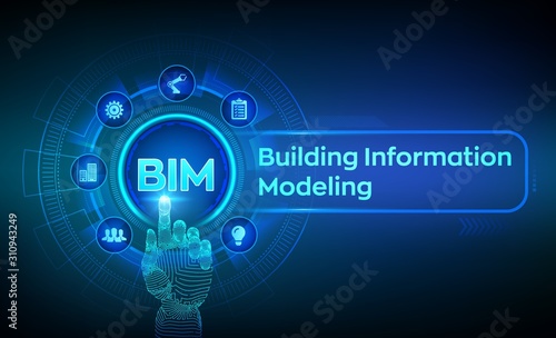 BIM. Building Information Modeling Technology concept on virtual screen. Business Industry, Architecture and Construction concept. Robotic hand touching digital interface. Vector illustration.