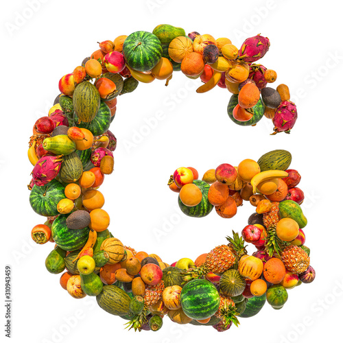 Letter G  fruit font. 3D rendering