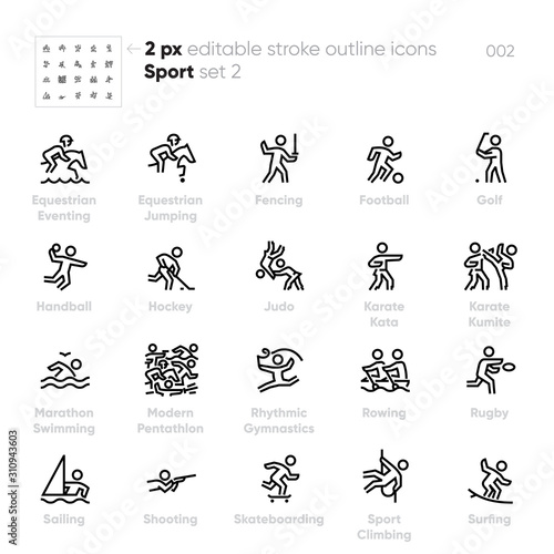 Sport and Fitness outline vector icons. Equestrian Eventing, Fencing, Golf, Hockey, Karate, Rugby, Surfing, Skateboarding.