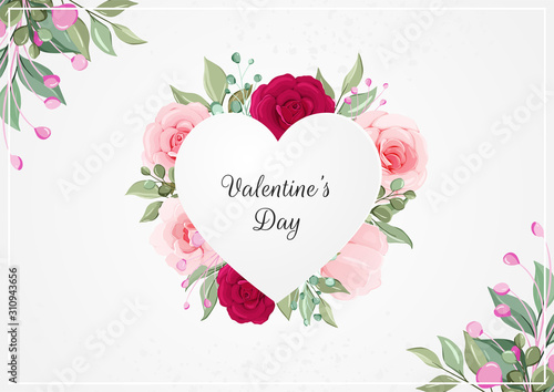 Romantic flowers valentine's day background with heart floral frame. Red and peach roses flowers illustration for wedding invitation or banner template vector