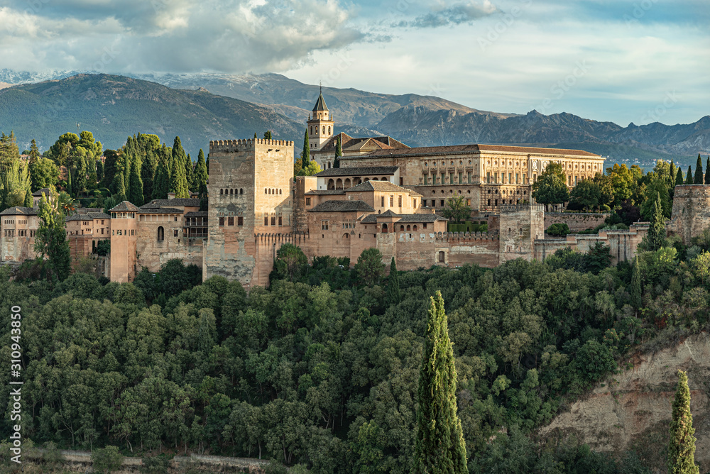 Panoramic view of Alhambra palace, Granada, Spain. Majestic grand view of the impressive palace of the Alhambra complex