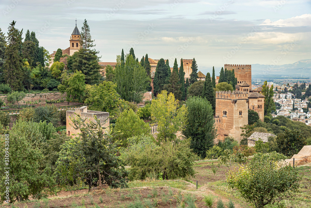 Panoramic view of Alhambra palace, Granada, Spain. Majestic grand view of the impressive palace of the Alhambra complex