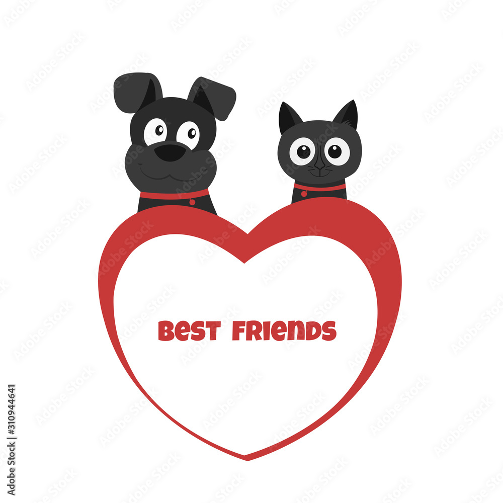 Cat and dog together and big red heart. Best friends. Vector illustration with copy space isolated on white background