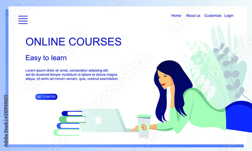 Online education website concept. Woman laying and working with laptop, books and coffee. Web Design Landing Page Template for social media marketing, internet shopping, courses, entertaiment. 