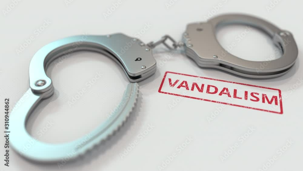 VANDALISM stamp and handcuffs. Crime and punishment related conceptual 3D animation VANDALISM stamp and handcuffs. Crime and punishment related conceptual 3D animation