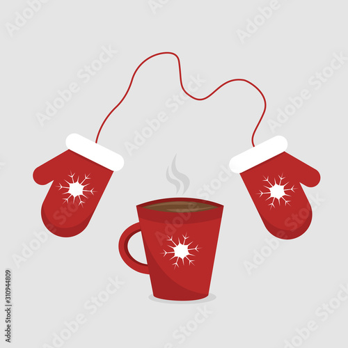 Cup of tea or hot coffee and red knitted mittens with snowflakes ornament. Cozy time in winter day. Vector illustration isolated on light background