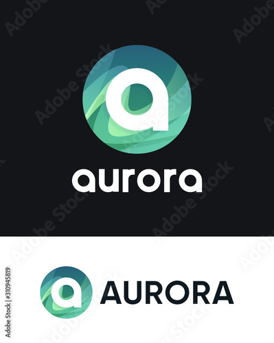 Aurora round emblem with Letter A, Northern Borealis Logo for Scandinavian tours - Polar Lights Travel Logo company on black and white backgrounds.