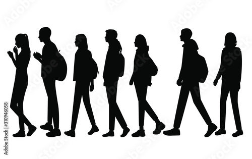 Vector silhouettes of men and a women with backpack, a group of standing and walking business people, black color isolated on white background