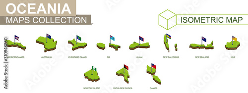 Set of Oceanian countries isometric map and flag.