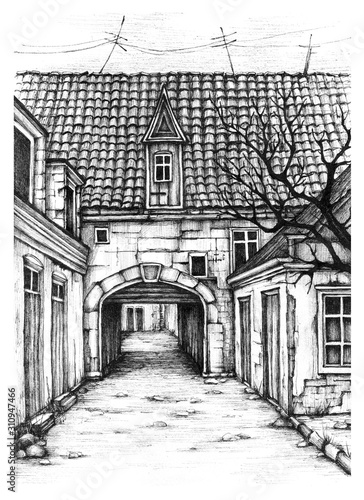 Old Italian street, houses with tiled roofs and old walls. Drawing with a pen. Graphics.