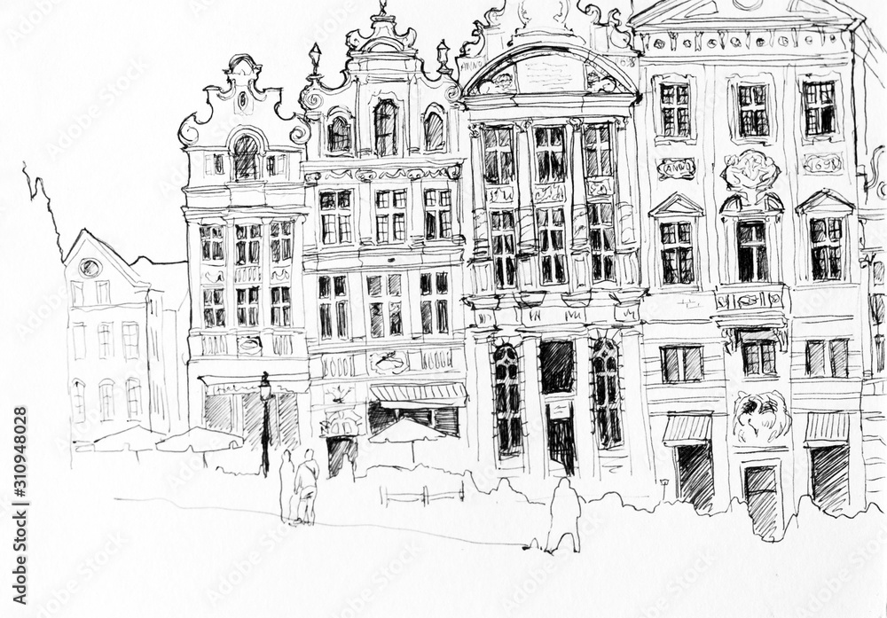 Brussels main square hand drawn architectural scetch