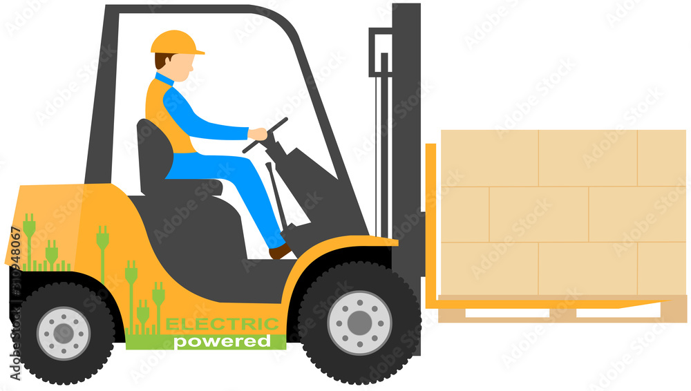 The forklift lifts the pallet with boxes electric powered forklift