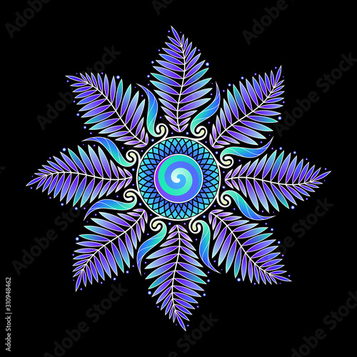 Illustration of festive abstract mandala; Decorative mesmerizing moon; Colorful magic flower and plants; Sacred geometry and visionary art; Vector template.