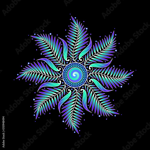 Illustration of festive abstract mandala; Decorative mesmerizing moon; Colorful magic flower and plants; Sacred geometry and visionary art; Vector template.