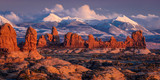 FEBRUARY 15, 2019 - ARCHES NATIONAL PARK, UTAH , USA - Arches National Park, Utah at sunset - Lasalle Mountains in distance
