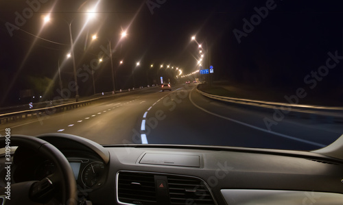 View from the car on the night multi-level highway