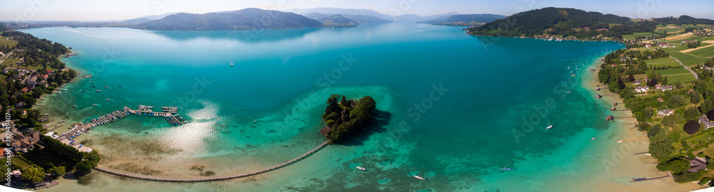 Panorama of the private island Castle Litzlberg (Schloss Litzlberg) on the Lake Atter (Attersee) in Austria