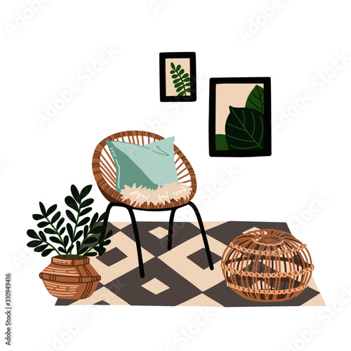 Cozy living room interior with armchair, plant, carpet and furniture