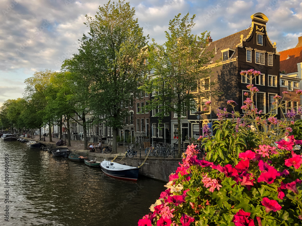 Bright Flowers by Canal and Boats in Amsterdam