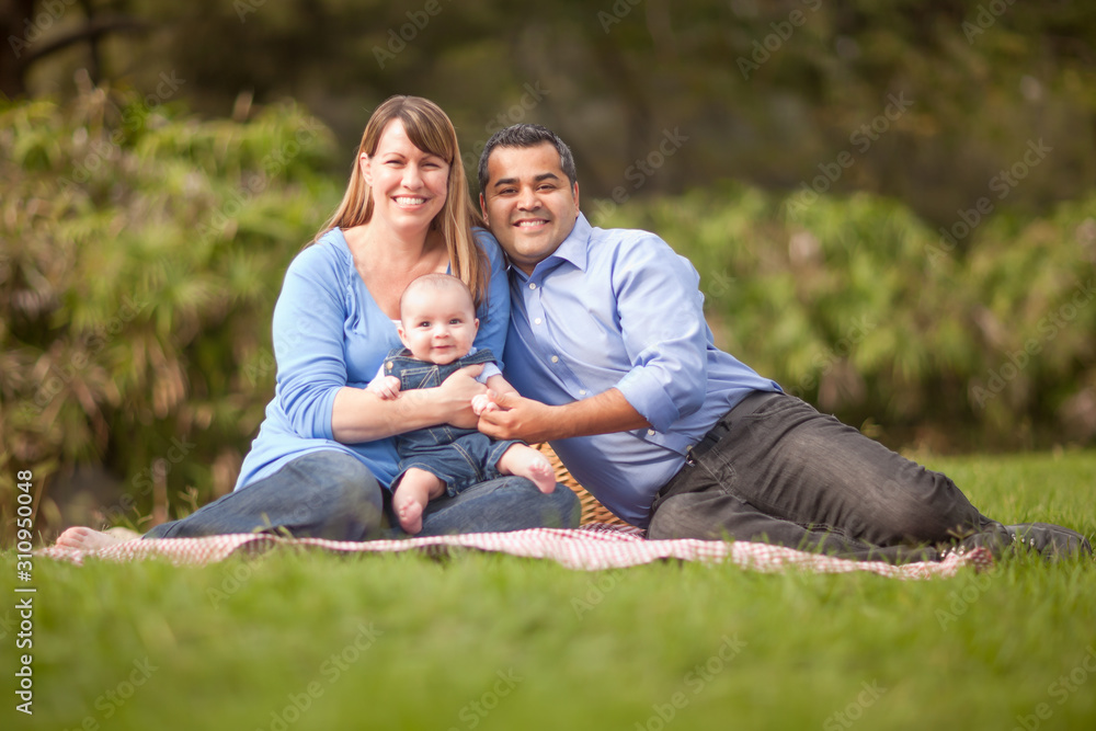 Happy Mixed Race Family Having a Picnic and Playing In The Park Happy Mixed Race Family Having a Picnic and Playing In The Park