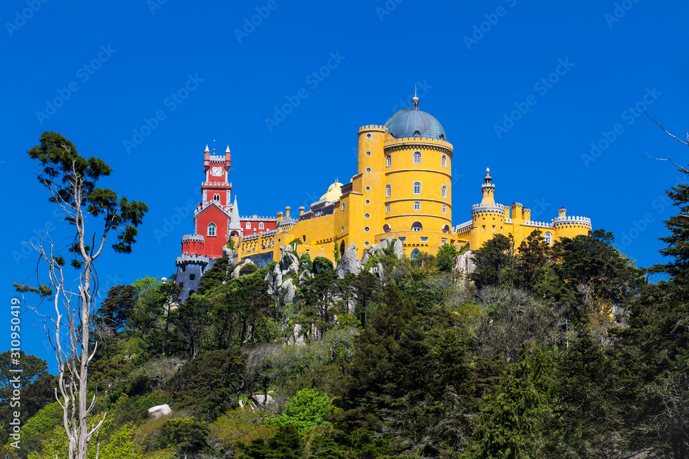 The Pena Palace seen from the Gardens of Pena Park at the municipality of Sintra