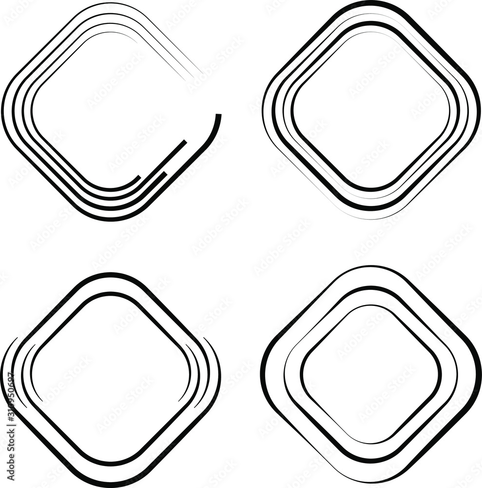 Set of black abstract lines in rounded rectangle form. Geometric art. Design elements for logo, sign, symbol, web pages, prints, template, posters and monochrome pattern Set of black abstract lines in rounded rectangle form. Geometric art. Design elements for logo, sign, symbol, web pages, prints, template, posters and monochrome pattern