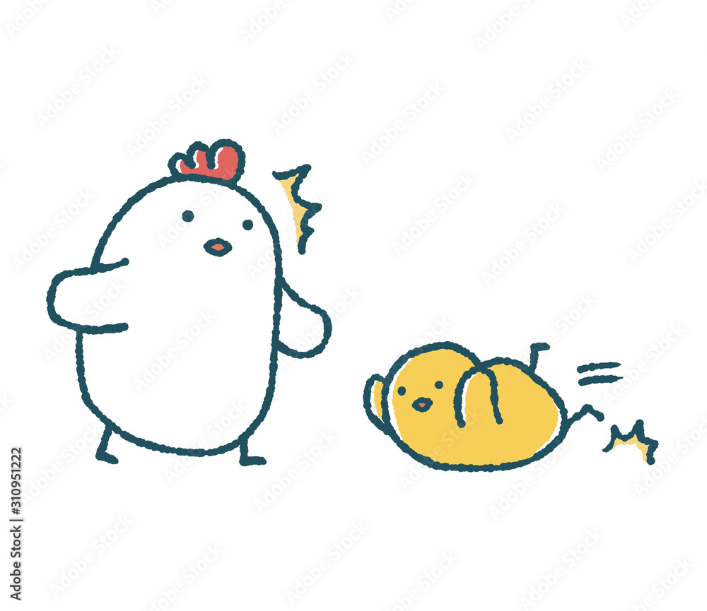 ゆるいにわとりはひよこが転んでしまって慌てる Stock イラスト Adobe Stock