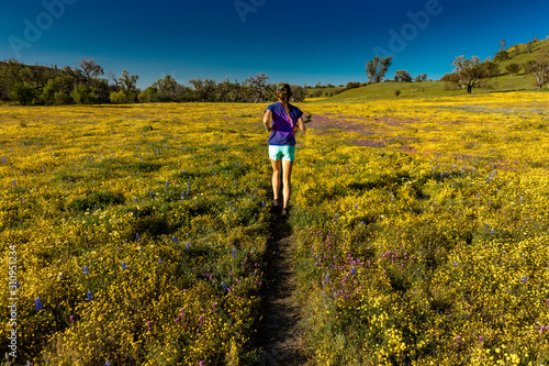 Jogger runs through "Super Bloom" spring flowers off Shell Creek Road, San Luis Obisbo County, California © spiritofamerica