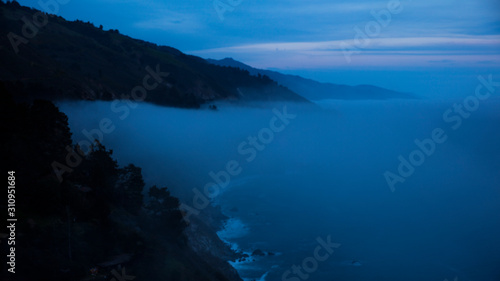 California Coast Pacific Coast HIghway at dusk with fog