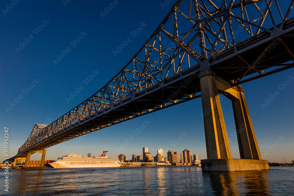 APRIL 27, 2019 LOUISIANA, USA -Crescent City Bridges cross Mississippi River from Algiers Point to New Orleans, Louisiana