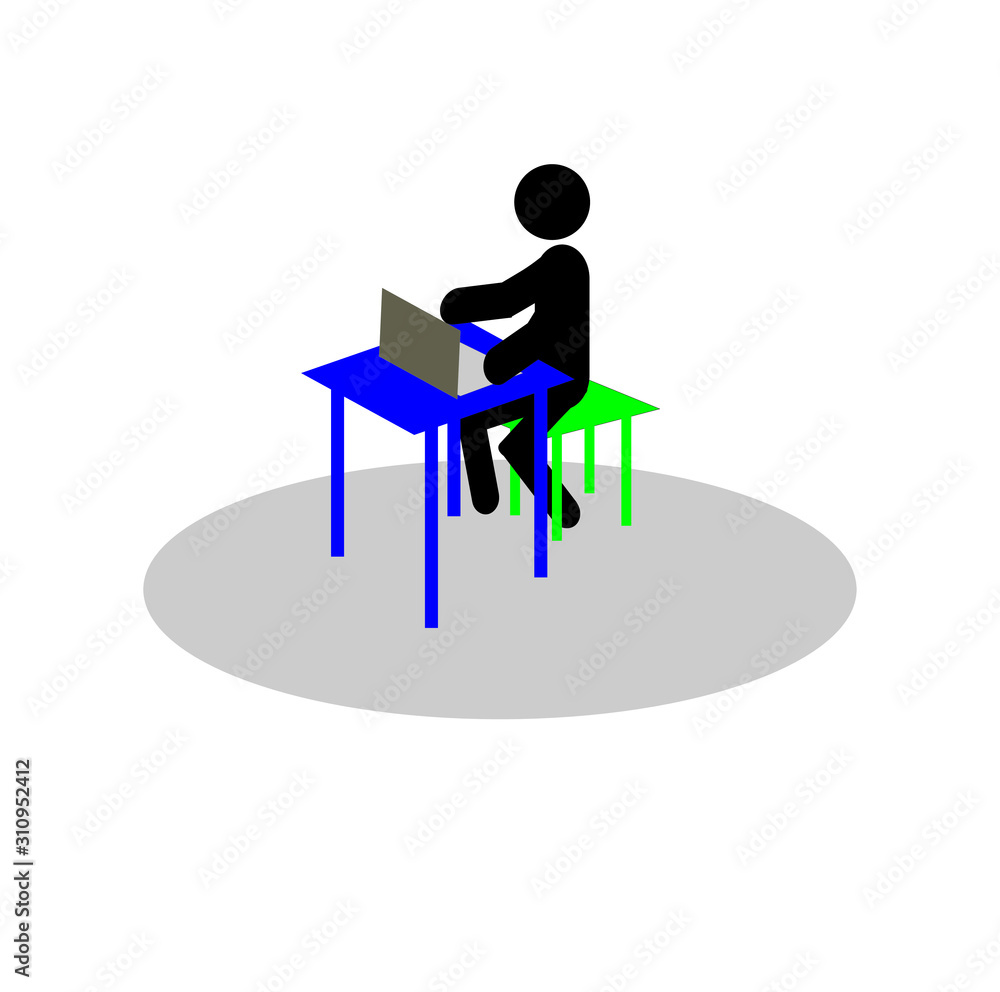 Fototapeta premium stick man sitting working at Desk with laptop