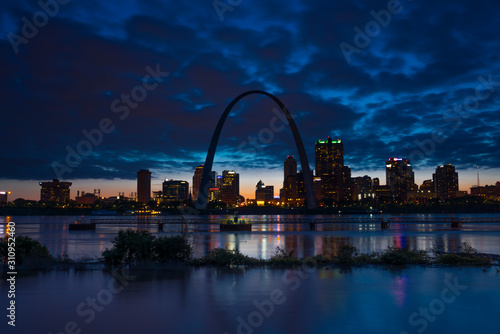 MAY 2019, ST LOUIS, MO., USA - St. Louis, Missouri skyline on Mississippi River - shot from East St. Louis, Illinois