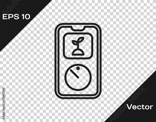 Black line Smart farming technology - timer farm automation system in app icon isolated on transparent background. Vector Illustration