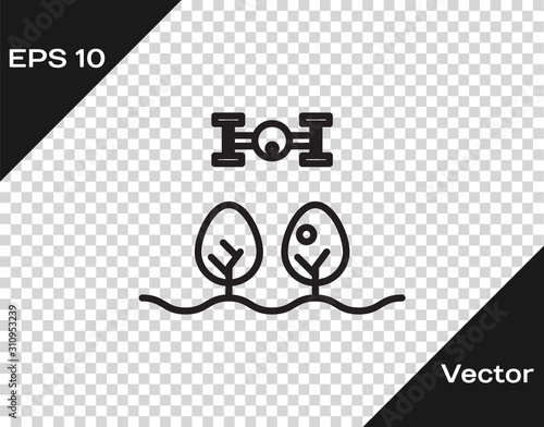 Black line Smart farm with drone control and tree icon isolated on transparent background. Innovation technology for agricultural company. Vector Illustration