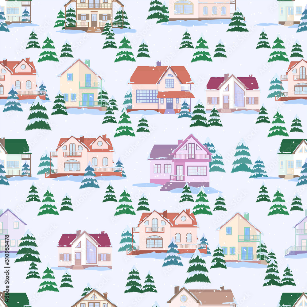 Vector seamless pattern of suburban family houses and fir trees.