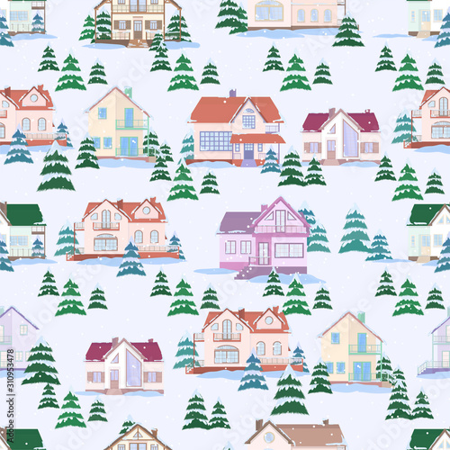 Vector seamless pattern of suburban family houses and fir trees.