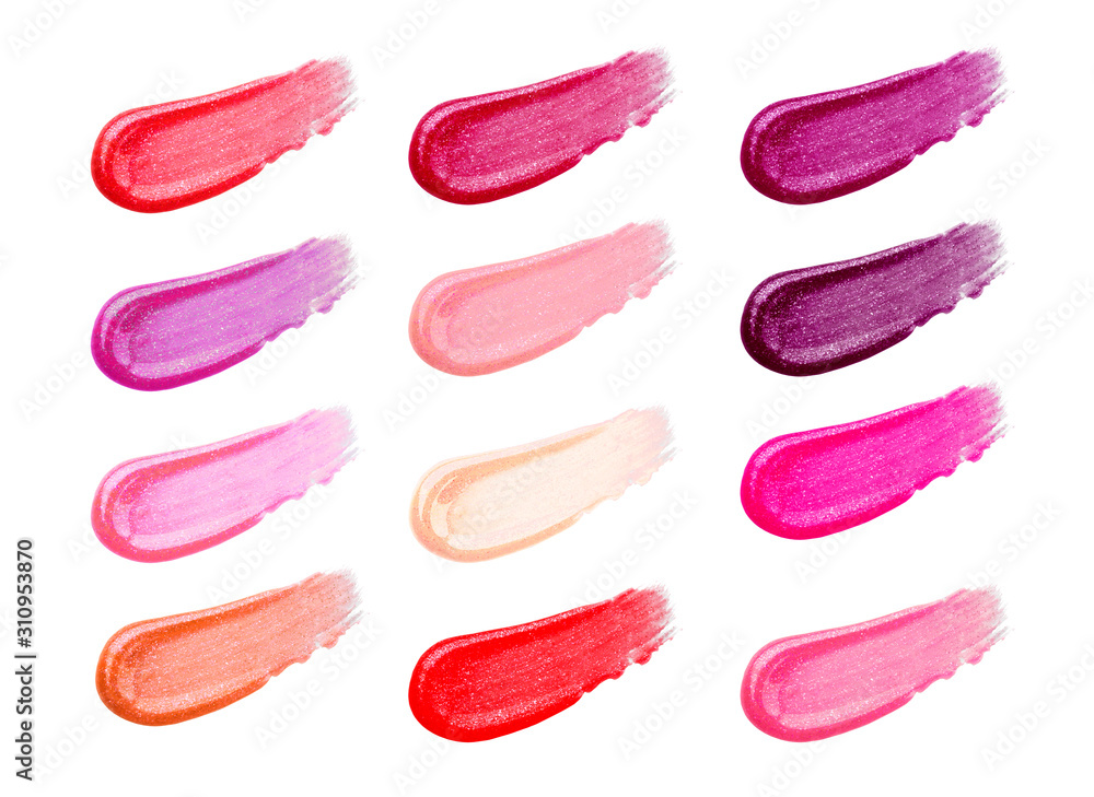 Lip gloss face make-up samples palette. Set of colorful cosmetic liquid lipgloss in different colour smudge smear strokes. Make up smears isolated on a white background. Lipstick colors Lip gloss face make-up samples palette. Set of colorful cosmetic liquid lipgloss in different colour smudge smear strokes. Make up smears isolated on a white background. Lipstick colors