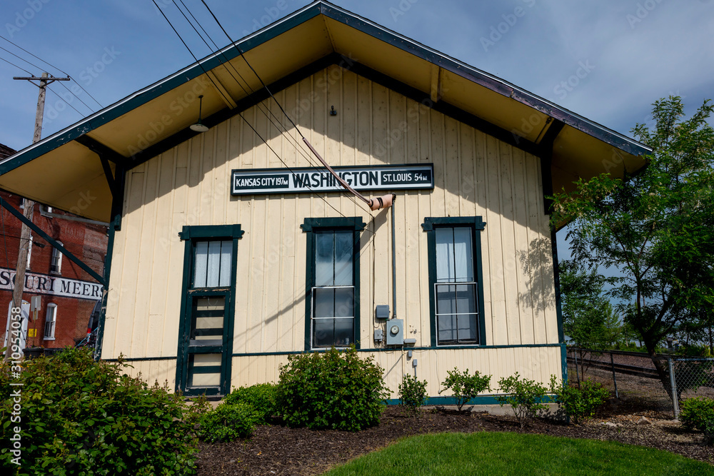 MAY 17 2019, HERMANN MISSOURI USA - Hermann Missouri on Mississippi Railroad Station to Kansas City or St. Louis, MO.