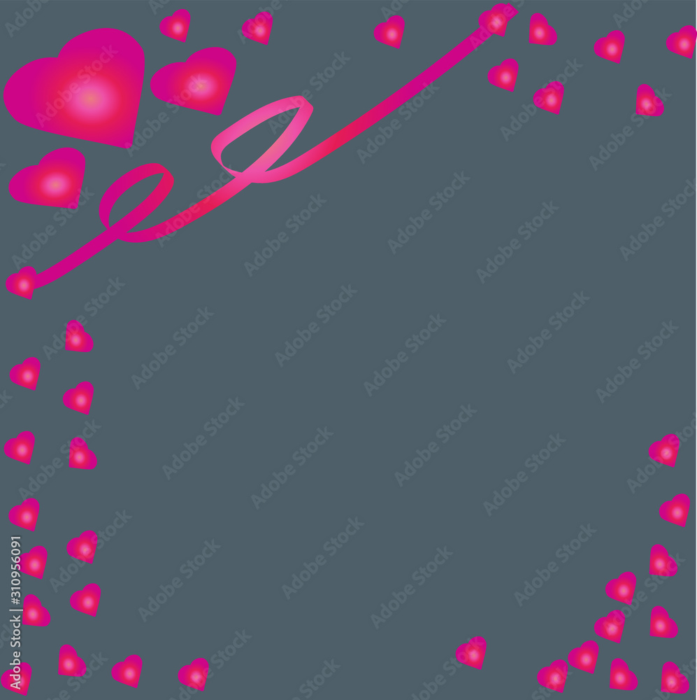 gray background with hearts and ribbon there is a place for the inscription Valentine's day