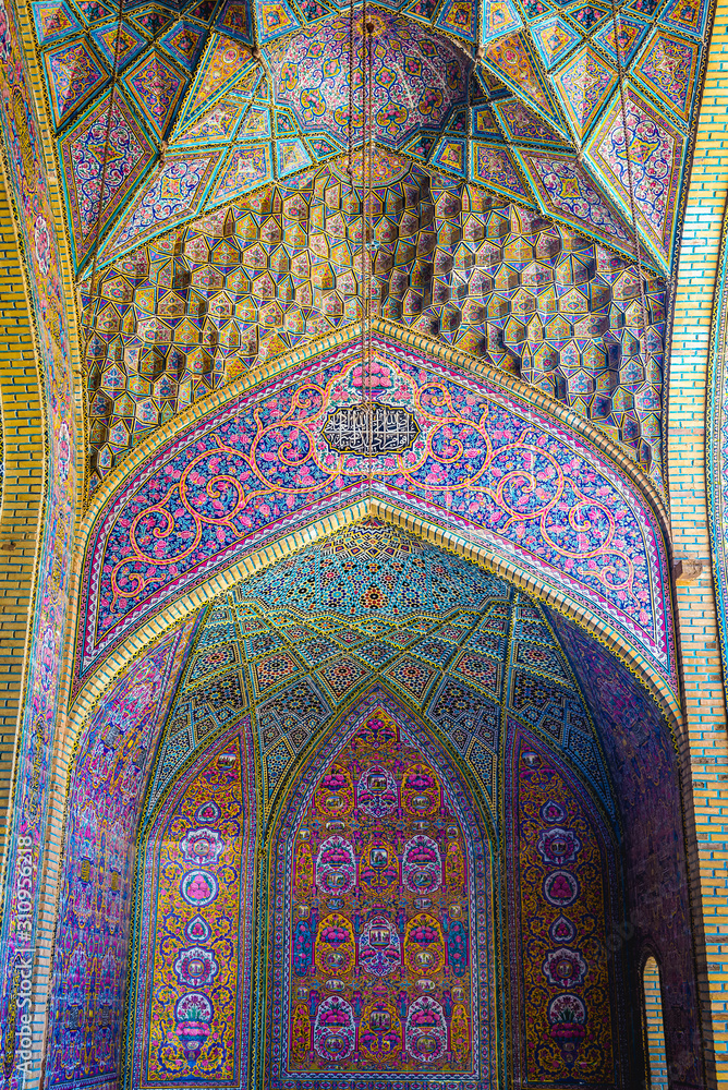 Details of so called Pink Mosque, one of the most famous mosques in Shiraz, Iran