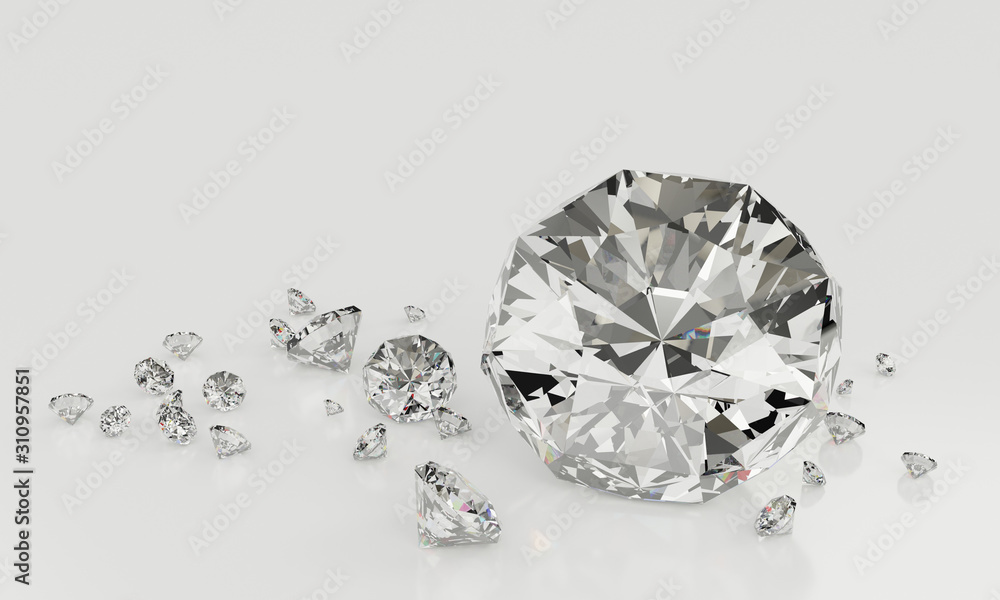Many size Diamonds on  white background with Reflection on surface. 3D Rendering.