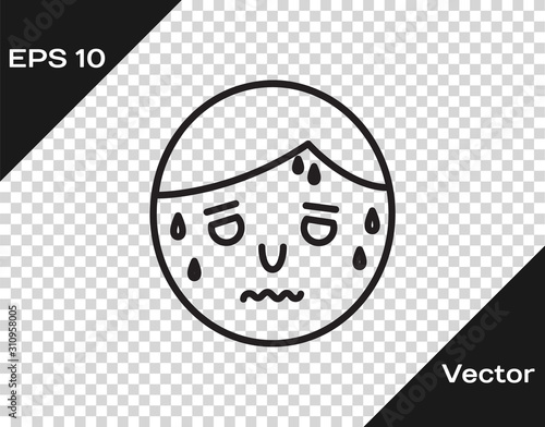 Black line Man with excessive sweating icon isolated on transparent background. Vector Illustration