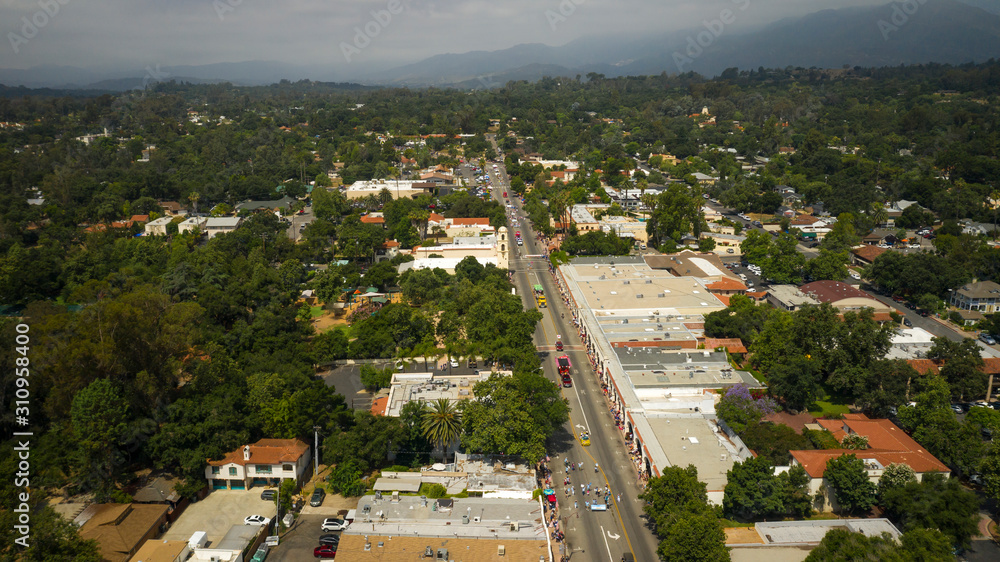 JULY 4, 2019, OJAI, CA., USA - July 4, 2019 Ojai California - Independence Day parade from an aerial drone point of view